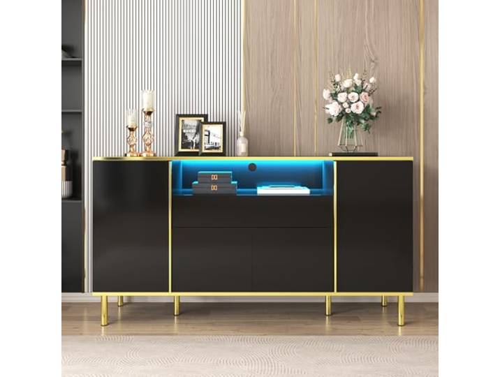 Merax LED Sideboard Hochglanz Schwarz Wohnzimmer Schlafzimmer Anrichte mit LED Beleuchtung und Goldenen Beinen, Kommode mit 4 Türen und 1 Schublade, 150x40x80cm