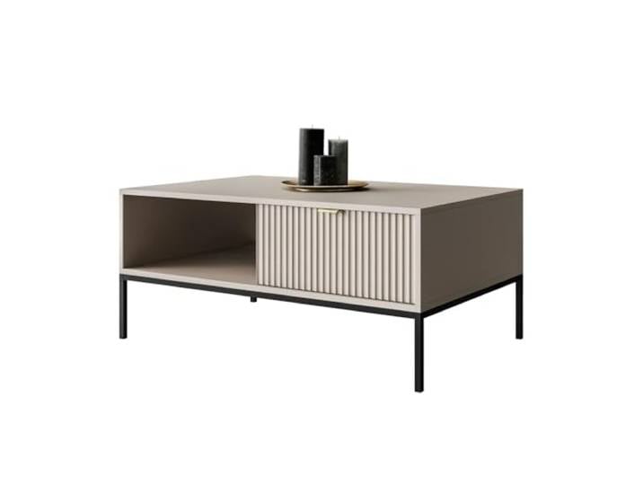 Lookway Couchtisch Cortado L-104 – moderner Couchtisch mit Schublade, geriffelte Fronten, schwarzes Metallgestell, 104×46×68 cm (Kaschmir)
