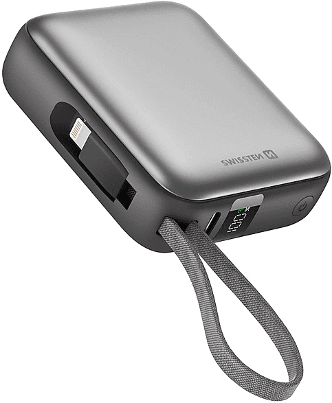 Swissten 10000 mAh mit integriertem USB-C und Lightning Kabel space silber
