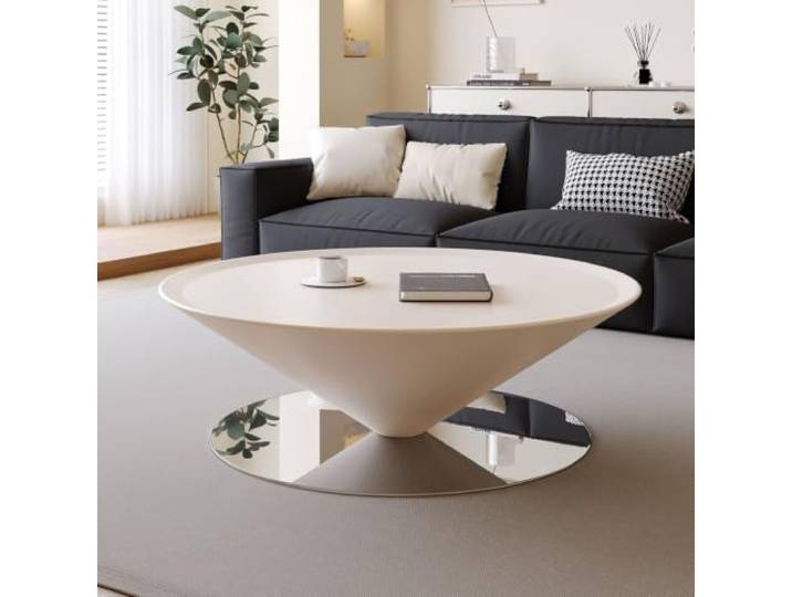 Couchtisch Rund Weiß Modern,Runder Couchtisch Aus Eisen Im Minimalistischen Stil,Wohnzimmertisch mit Runder Tischplatte und Einzigartiger Konischer Silhouette,Matte Oberfläche A,75CM