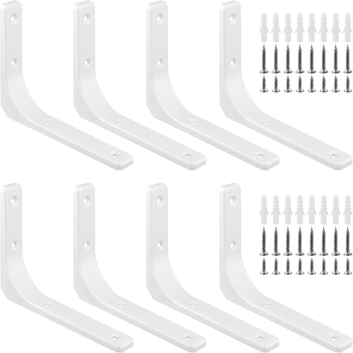 Set van 8 witte metalen L-vormige plankhoeken voor wandmontage, 20 cm