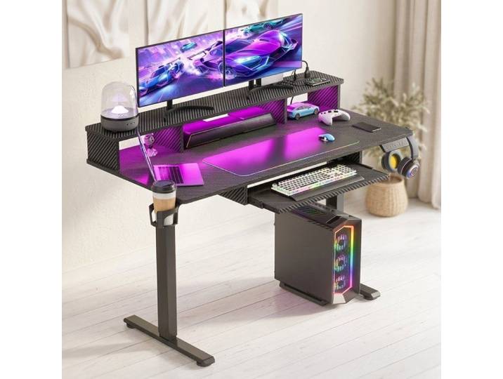 Bureau Assis Debout Électrique Gamer 122x60cm LED RGB Prise Intégrée Support Clavier et Casque Hauteur Réglable Bureau de Jeu