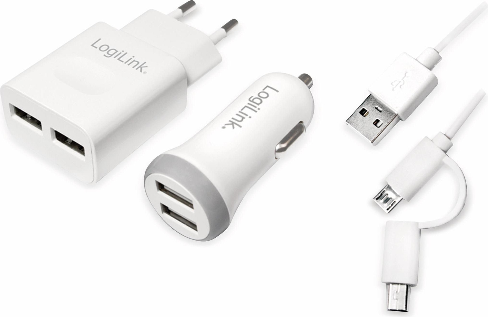 LogiLink USB-laadset met 1 autoladeradapter en 1 stopcontactadapter, elk met 2 USB-poorten, wit