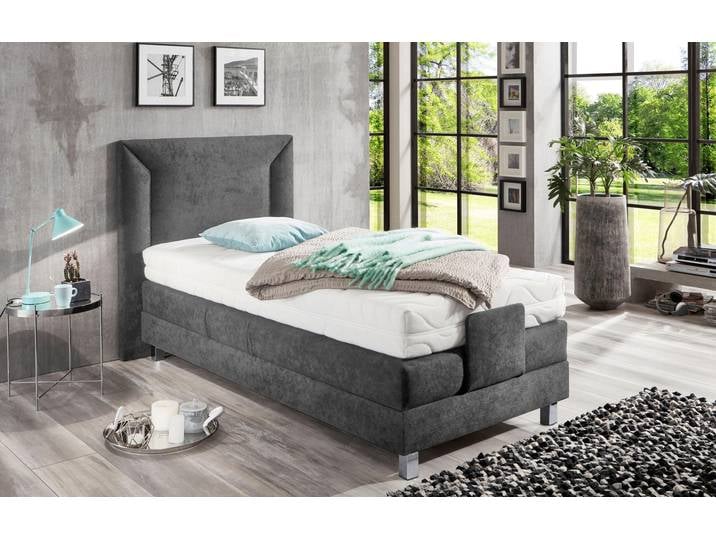 Boxbett, 114x214 cm, Mikrovelours, Grau, Elektrisch Verstellbar, Modern