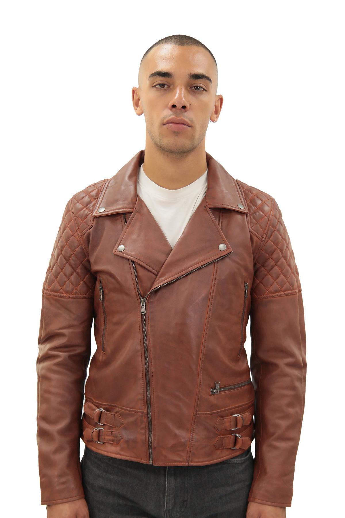 Herren gesteppte Leder Bikerjacke - Bordeaux