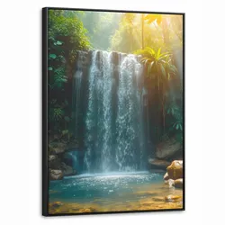 LEINWAND Bilder mit Rahmen - Wasserfall - Dschungel - Sonne - Grün - Natur - 50x70