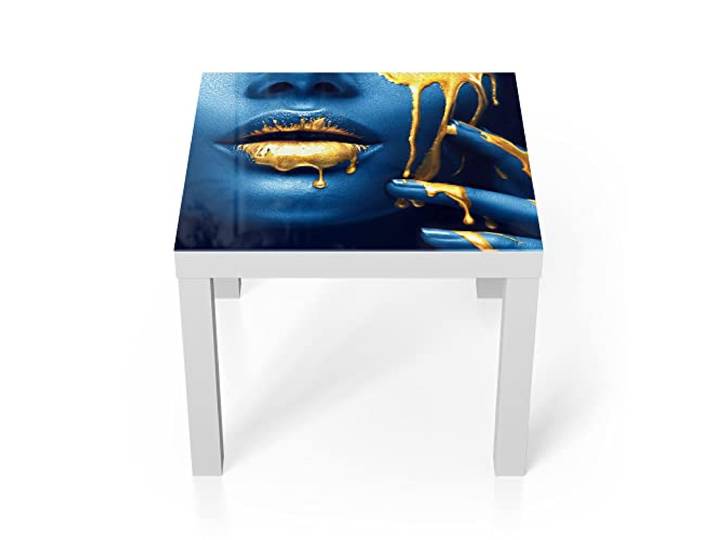 DEQORI Glastisch weiß klein 55x55 cm Motiv Flüssiges Gold auf Haut ausgefallener Beistelltisch aus Glas Hochglanz Couchtisch fürs Wohnzimmer moderner Couch Tisch mit Design