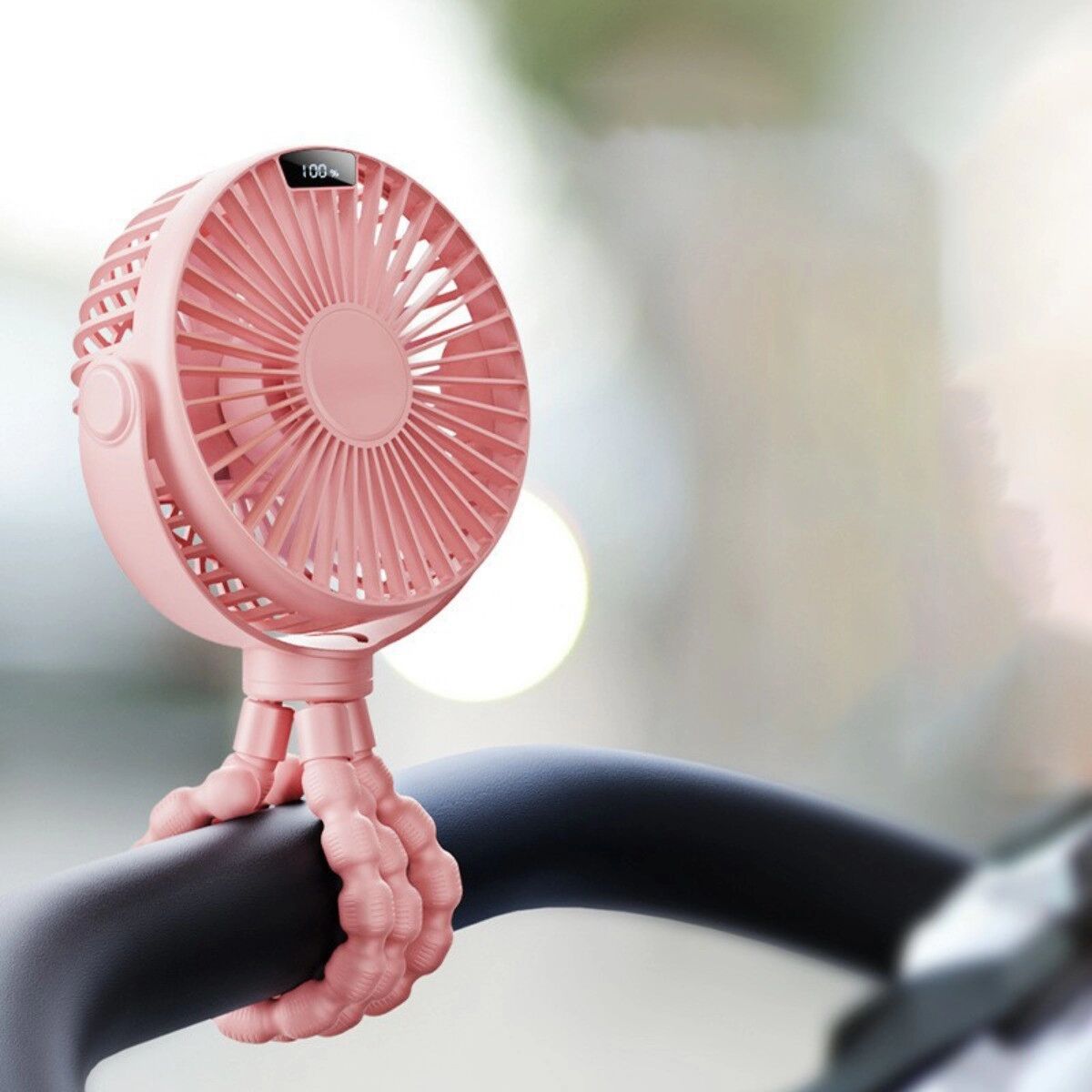 INF Octopus Kinderwagen-Ventilator 4000mAh - Flexibler Clip-On tragbarer Ventilator mit USB-C, abnehmbarem waschbarem Rosa