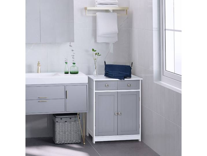 kleankin Armoire SDB 2 Portes 2 Tiroirs 60x30x75cm Gris/Blanc