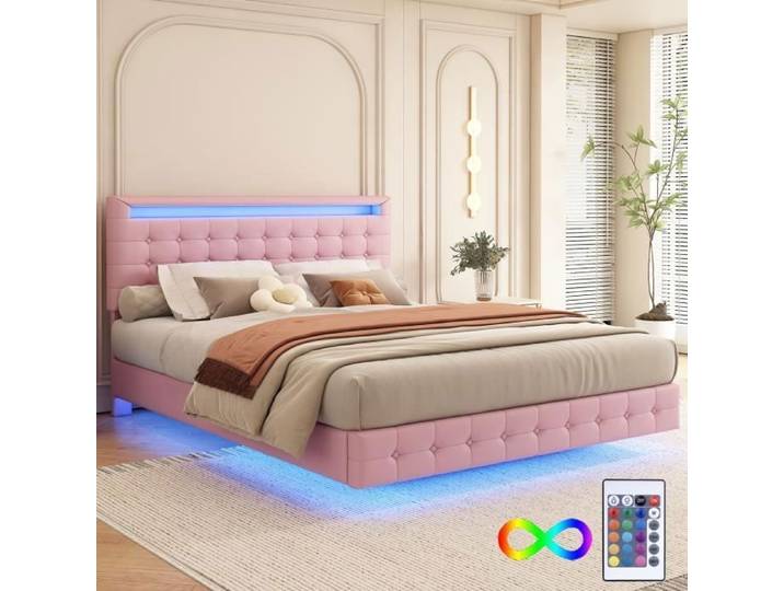 Lit double - LEYTN - 140x200cm - PU capitonné - Lumière LED - Réglable tête de lit