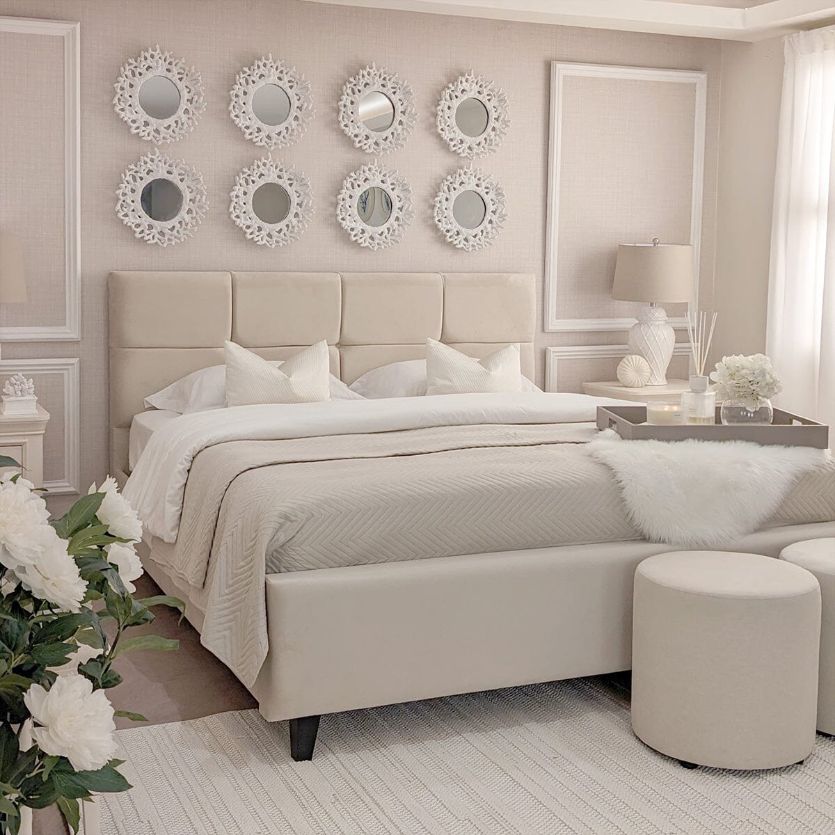 Isabella Luxury Vanilla Velvet Upholstered Bed, Super King
