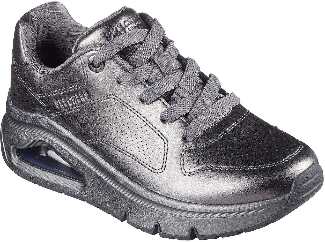 Sneaker SKECHERS "UNO ICON - LUSTROUS AIR", Damen, Gr. 39, Textil, grau, Leder, metallic, Schuhe Sneaker, Keilsneaker, Plateausneaker, Schnürschuh im Metallic Look