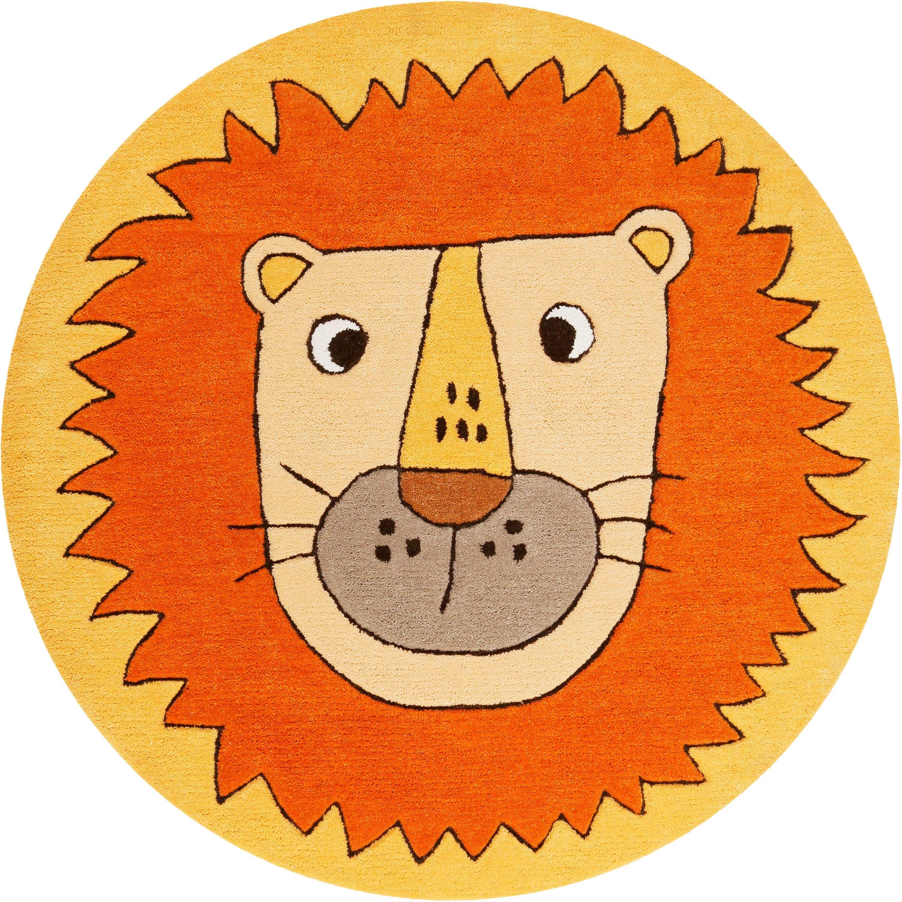 Kinderteppich SMART KIDS "Linus" Gr. 9, orange (orange, gelb), H:9mm Ø:100cm, Kunstfaser, Teppiche, Kinderteppich, Löwe Tiermotiv, Konturenschnitt orange, gelb Ø 100cm 1 Stk., 9mm, Ø 100cm