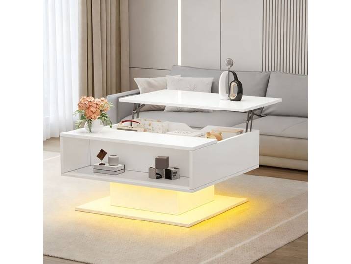 Table Basse Relevable 80x75x40cm Table D'appoint Haute Brillance Table de Salon avec Espace de Rangement Semi-Ouvert Blanc