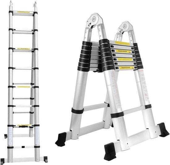 Multifunctionele telescopische aluminium vouwladder in zilver, max. belasting 150 kg