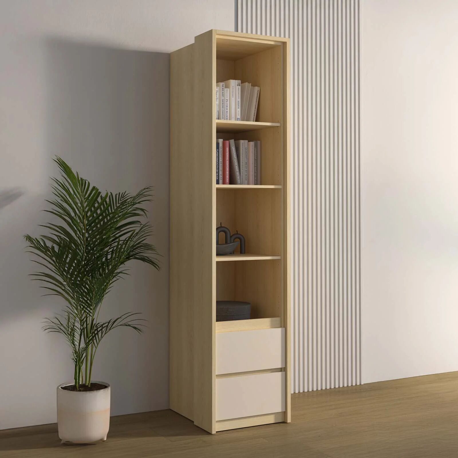 garneroarredamenti Libreria a colonna 45x215h cm 4 ripiani 2 cassetti beige cashmere rovere Elvira