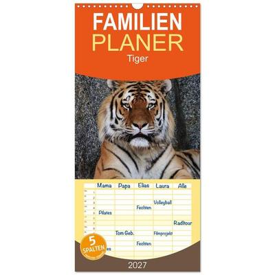 Familienplaner 2027 - Tiger mit 5 Spalten (Wandkalender, 21 x 45 cm) CALVENDO