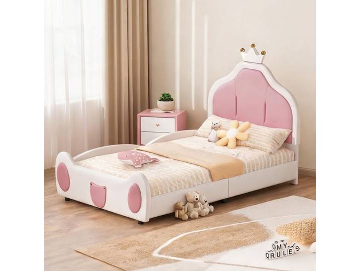 Lit enfant 1 place 90x200 cm tapissier simili cuir blanc design couronne bicolore