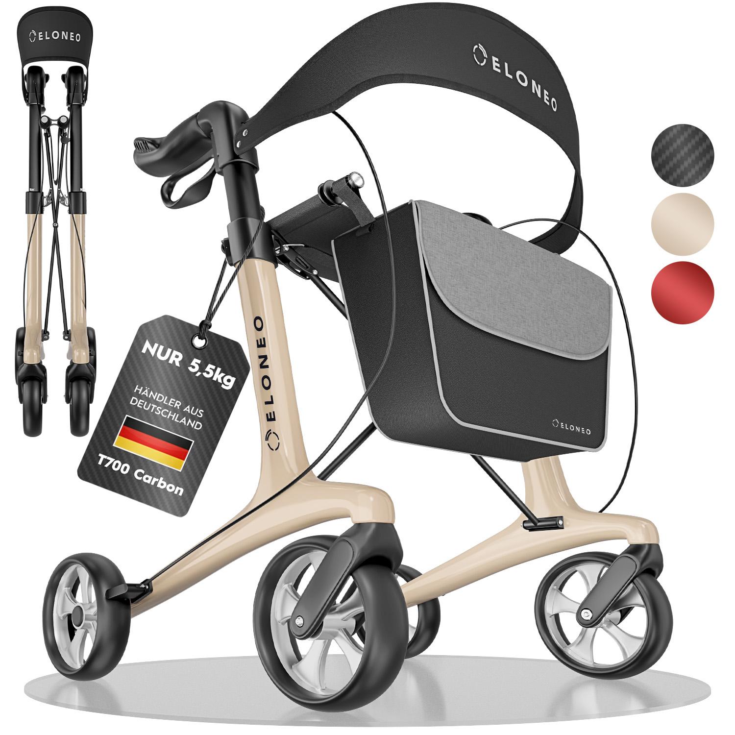 ELONEO Carbon Rollator faltbar und leicht mit Sitz, Leichtgewicht-Reiserollator, ultraleicht, Creme - Größe L