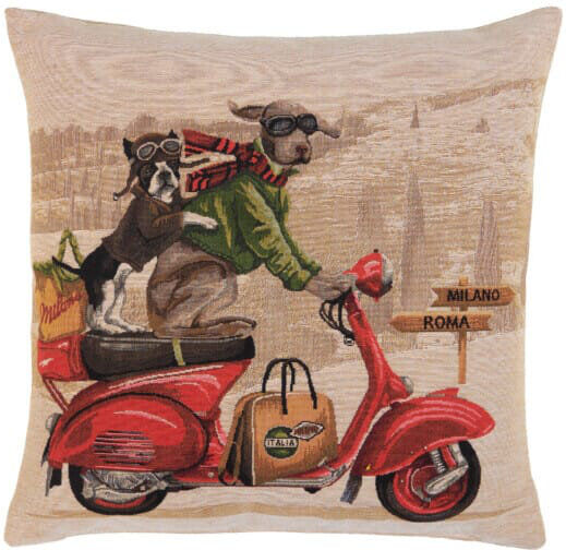 Hines of Oxford Red Scooter Dogs Tapestry Cushion with Feather Filler Blue 46cm H X 46cm W X 15cm D