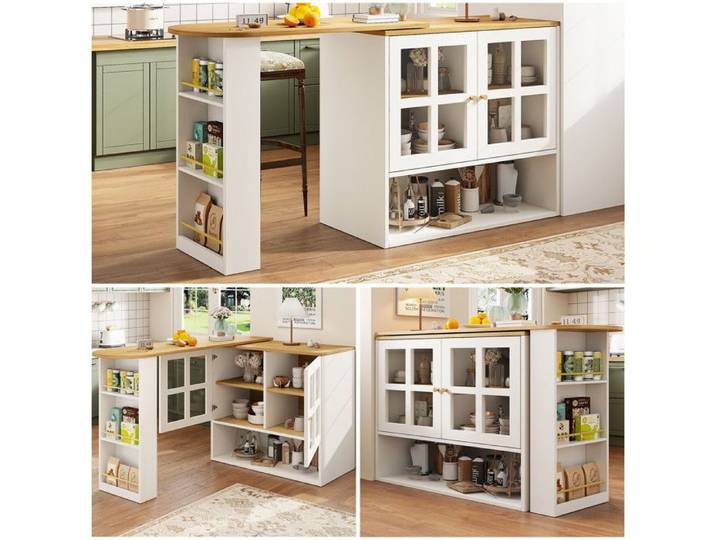 Bar rotative - Meuble bas pivotant - Rotatif 360° - Extensible jusqu'à 204 cm - MDF blanc
