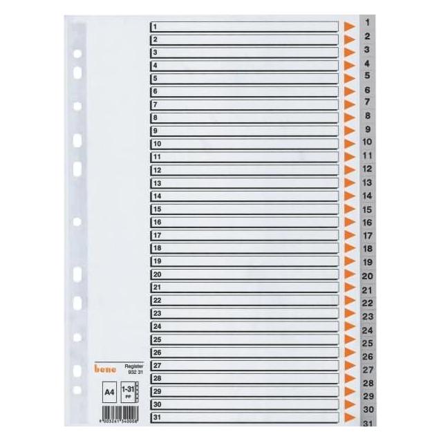 Bene Ordnerregister Vollformat 1-31 grau 31-teilig, 1 Satz (93231)