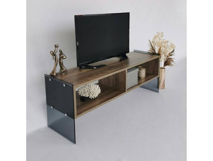 Meuble TV design 2 niveaux pieds verre SALTA - Fumé