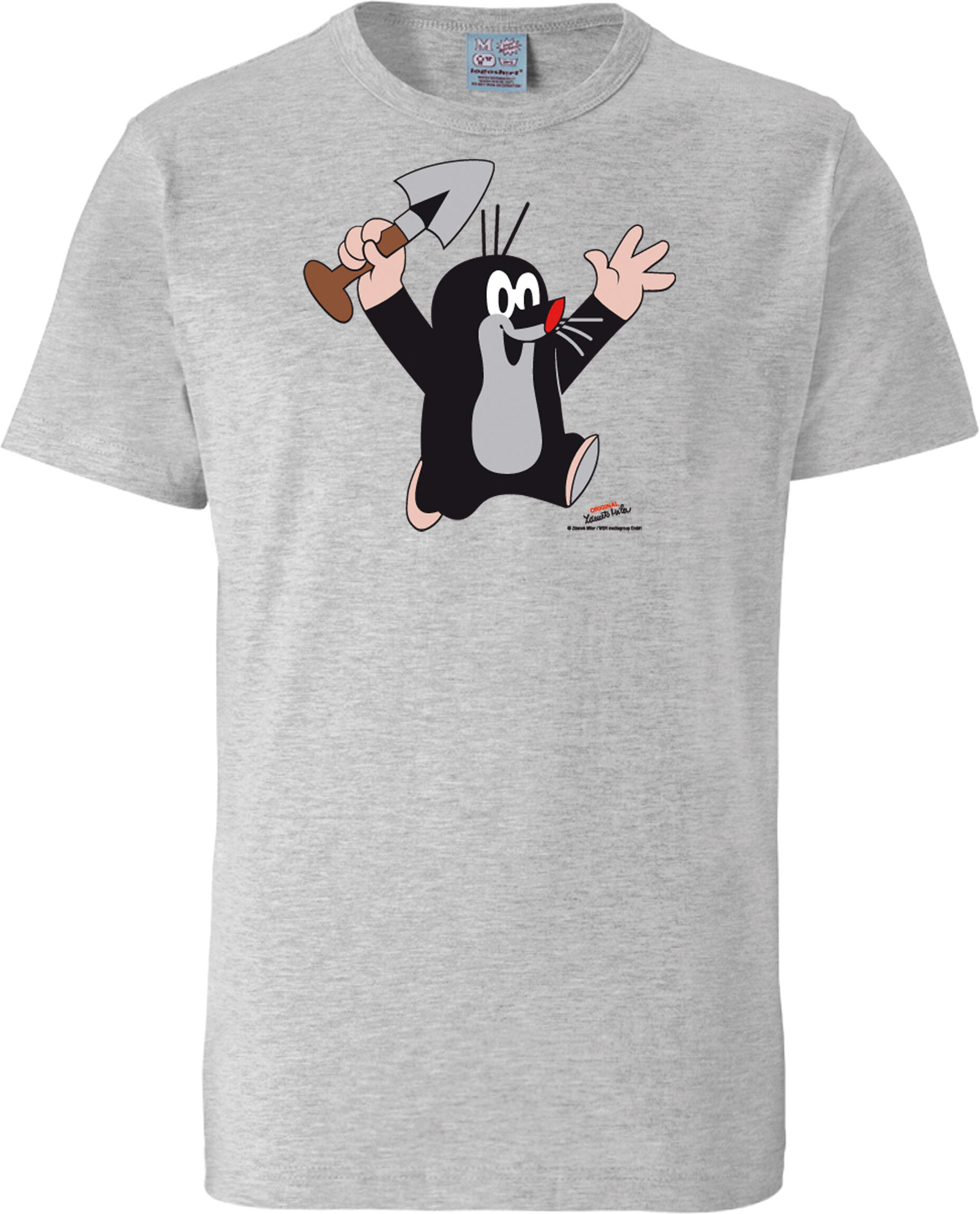 T-Shirt LOGOSHIRT "Der kleine Maulwurf - Juhu", Damen, Gr. XS, grau (grau, meliert), 95% Baumwolle, 5% Viskose, bedruckt, normal, Rundhals, Shirts T-Shirt, mit lizenziertem Print
