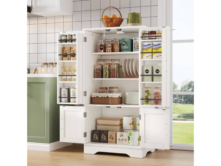 Buffet Cuisine Meuble de Cuisine avec capteur de lumière LED 4 portes étagères réglables 60x40x120cm Armoire Chambre Blanc