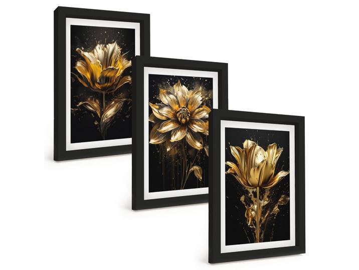 BILDER SET 3er Set - 20x30 cm Schwarzer Rahmen - Gelbe Blüten auf dunklem Hintergrund