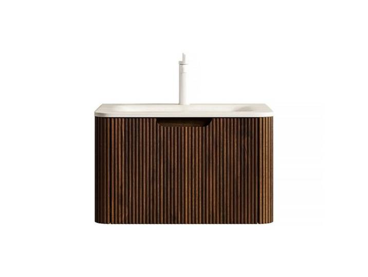 Meuble vasque mural 60cm travertin Rome cintré chaud meuble contreplaqué rayé tiroir pré-assemblé finition noyer