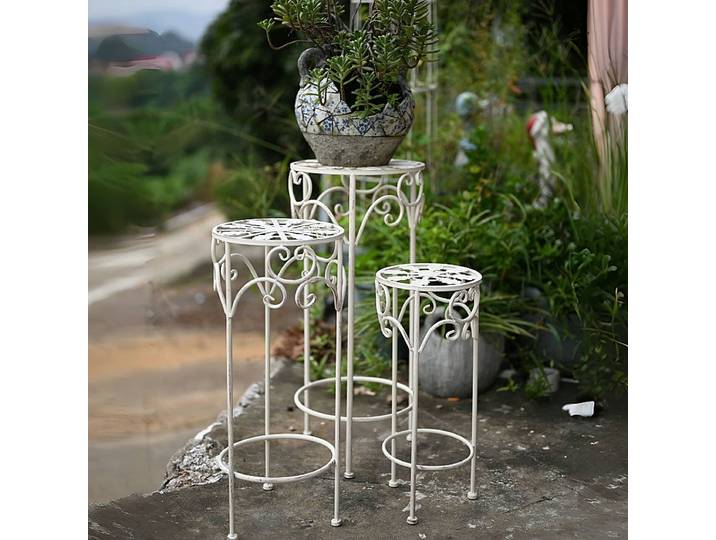 Lot de 3 supports à fleurs pour cour extérieure, présentoir de jardin sur pied en fer forgé pour balcon, support de décoration pour plantes vertes d'intérieur, étagère de rangement