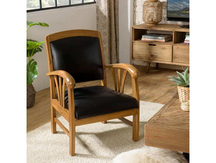 Fauteuil exotique bois et cuir noir DIKA