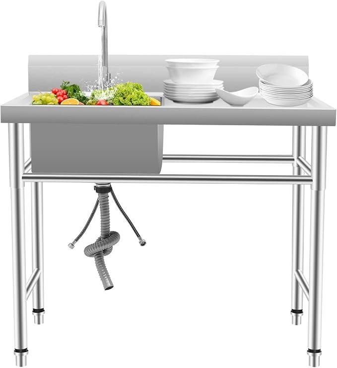 Freistehende Edelstahl Spültisch mit Unterschrank, Mobiles Waschbecken 1 Becken Küchenspüle Spüle mit Wasserhahn, Gewerbliche Spülbecken Edelstahl für Küche Restaurant 100x60x93cm