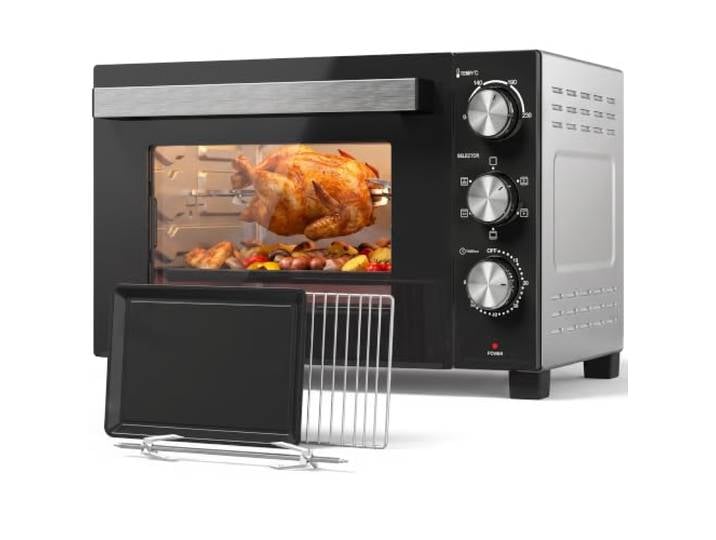 HOMCOM Mini-Four avec Broche Rotative 36L 1500 W Chaleur Tournante Argenté Four à Convection Multifonction\, Température Réglable 90-230°C\, Minuterie 60 min\, Préchauffage\, Compact et Portable