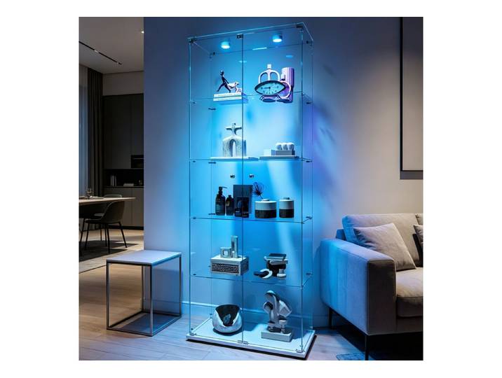 Simurq Glasvitrine Standvitrinen mit LED Beleuchtung Vitrinenschrank mit Glastür Sammlervitrine aus gehärtetes Glas,Modernes rahmenloses Design