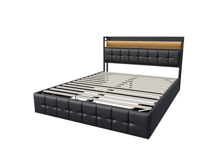 Polsterbett 140x200 cm, Schwarz, LED-Beleuchtung, Kunstleder, Mode, 140x200 cm, Schlafzimmer, Betten, Polsterbetten