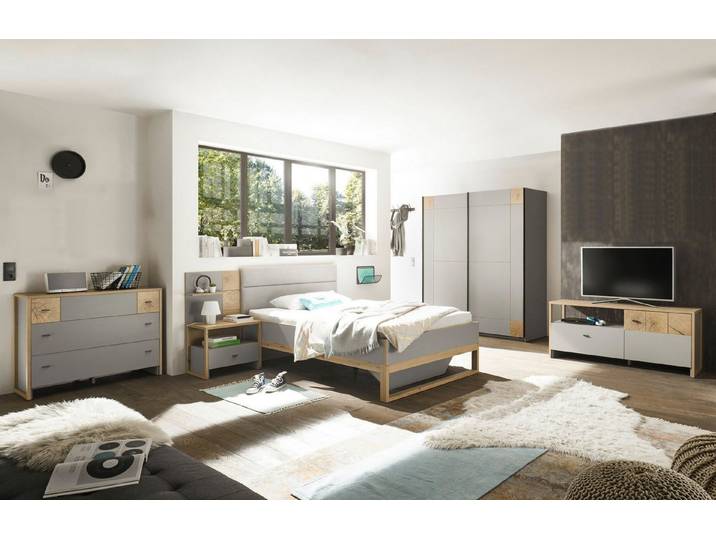 möbel-direkt.de Jugendzimmer-Set Flavo in Arktisgrau und Artisan Eiche, (Komplett Set, 6-tlg., Schrank, Bett, Nachttisch, Paneel, Kommode, Lowboard), pflegeleicht und robust