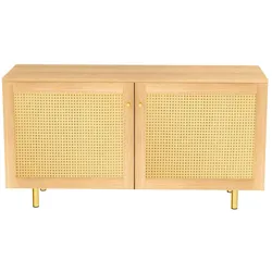 OKWISH Sideboard MDF in Natur, mit Rattan-Doppeltüren und goldfarbenen Metallbeinen, 120x40x63 cm