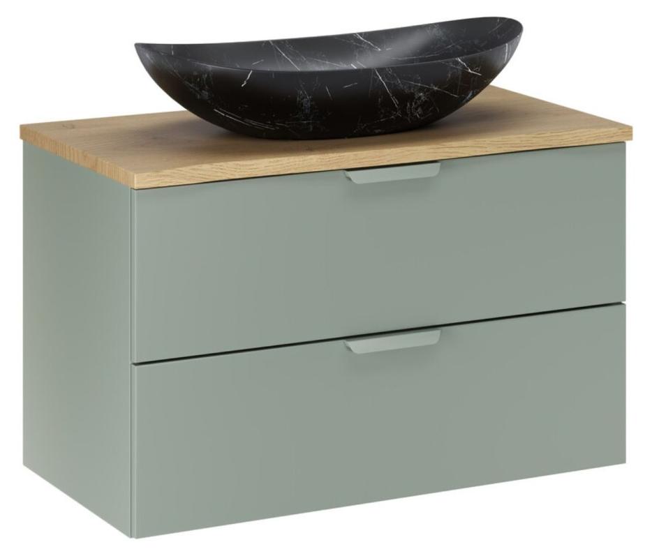 Ensemble OSTER 80cm : Unterschrank mit Schubladen in Salbeigrün + Platte für Waschbecken + aufgesetztes Waschbecken in Schwarz mit weißen Streifen