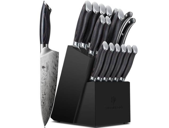 SANMEIHO Japanisches Küchenmesser-Set 16-teiliges aus Pulverstah Kochmesser-Set Messerblock mit Hohem Kohlenstoffgehalt 63 HRC Professionelle 12° Scharfe Klinge mit Pakkaholz-Griff