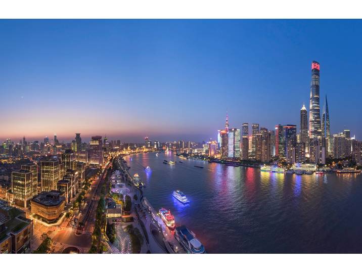 Fototapete PAPERMOON Photo-Art ZHIBO CHEN, DIE BLAUE STUNDE IN SHANGHAI , bunt, B:3,5m L:2,6m, Vlies, Tapeten, Fototapete