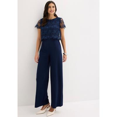 Jumpsuit BONPRIX, Damen, Gr. 36, N-Gr, blau (dunkelblau (länge: regulär)), Obermaterial: 95% Polyester, 5% Elasthan. Spitze: 100% Polyester, figurumspielend, Overalls Jumpsuit, mit kurzem Arm, figurumspielende Passform, weites Bein
