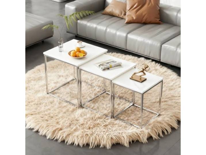 QIHANG-UK Beistelltisch aus Holz, stapelbar, platzsparend, für Wohnzimmer, Empfang, mit Stahlbeinen weiß hochglanz