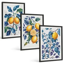 BILDER SET 3er Set - 40x60 cm Schwarzer Rahmen - Zitronenzweige mit blauen Blättern