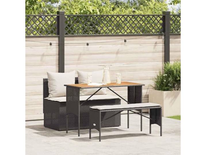 HEFZGDB 3-TLG. Garten-Essgruppe mit Kissen Schwarz Poly Rattan, Outdoor Esstischgruppe mit Akazienholz Tischplatte und PE Rattan Sesseln, Wetterfeste Gartenmöbel für Terrasse