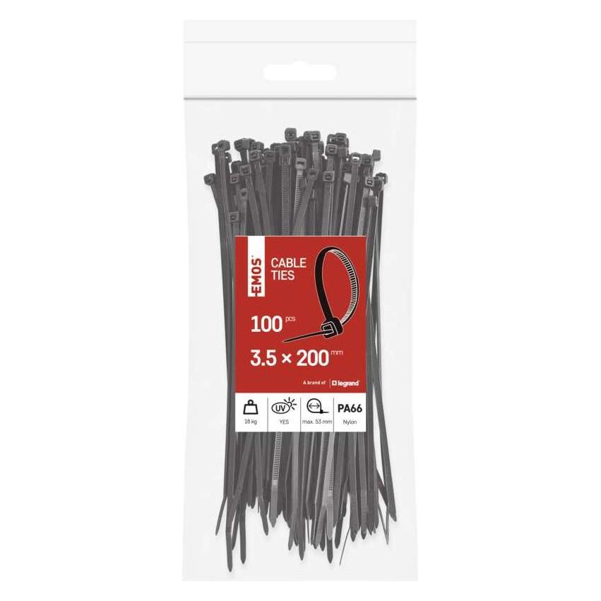 Emos Kabelbinder 200×3,5, schwarz, 100 Stk (Kunststoffkabelbinder, 200 mm, 100 Stk.) (70415897)