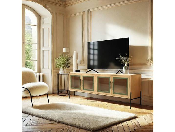 Meuble TV bois clair 4 portes vitrées contour vert BAGAN