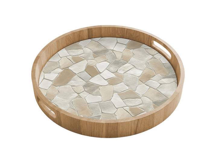 OnlyWow Tablett - Mosaik - Steine - Beige - 40x40 cm, Holz, Echtholz,Eiche, Rund, 40x5x5 cm, Geschirr, Tischkultur & Serviergeschirr, Tabletts