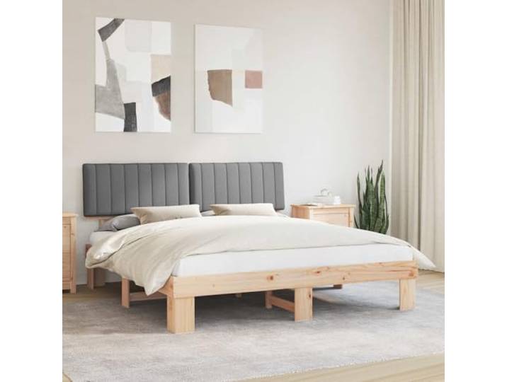 Kiefernholz gepolstertes Kopfteil modernes Design 180 x 200 cm Hellgrau Bettgestell mit gepolstertem Kopfteil Hellgrau 180x200 cm Massives Kiefernholz Stabil Modernes Design